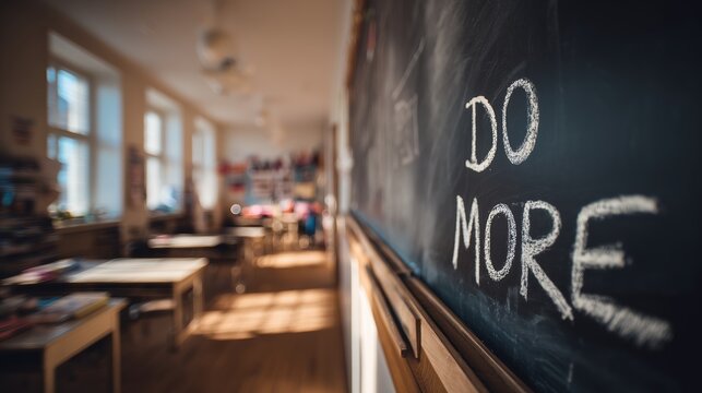 Motivational message 'Do More' written on blackboard in bright classroom setting