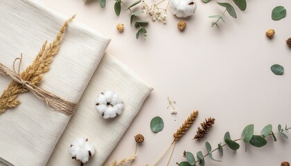 Rustic Flat Lay with Natural Elements – Eco-Friendly Decor Featuring Fabric, Twine, and Dried Botanicals