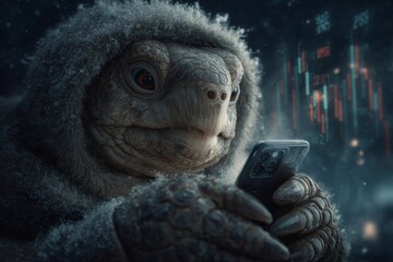 Turtle's smartphone joy: a delightful dark room moment. Is crypto legit. The truth about crypto: profits, problems and pressure. Phone fascination. How to trade crypto.