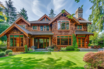 Beautiful traditional luxury home exterior with stained cedar wood shingle siding, elegant painted trim, and large windows, surrounded by lush lawn and garden landscaping.