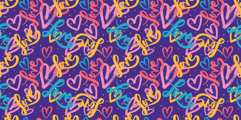 Seamless pattern with abstract chaotic LOVE inscription and hearts. Grunge dry brush monochrome background. Romantic wallpaper for girls, Valentine’s Day gift wrap, or modern vector texture.