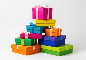 A tall stack of colorful gift boxes with ribbons and bows, isolated on a white background