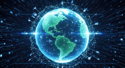Global connectivity visualized, satellites orbiting glowing Earth with a digital network, perfect for illustrating international business, technology and communication