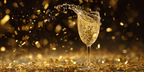 Champagne splash with golden confetti, luxury party invitations, perfect for New Year celebrations, festive event promotions, and glamorous advertising backgrounds.