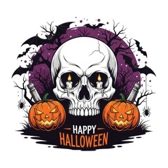 Spooky halloween illustration featuring a skull with candles, jackolanterns, bats, and trees against a purple moonlit sky