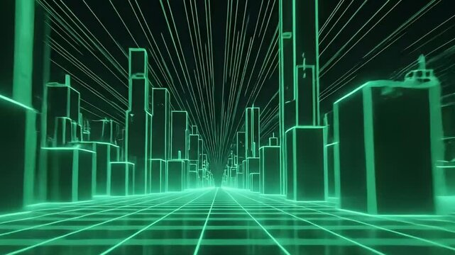 This video presents a dynamic, abstract visualization of a futuristic digital city, rendered with vibrant, glowing green outlines against a deep black background. Geometric structures, reminiscent of 