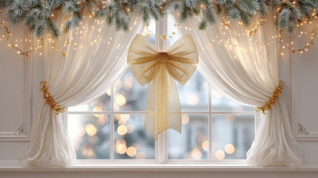 Elegant Christmas window decor with gold bow, fairy lights and frosted pine branches