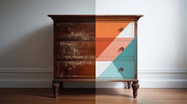 Vintage wooden dresser shown before and after restoration half side repainted with modern geometric design in orange teal and white colors