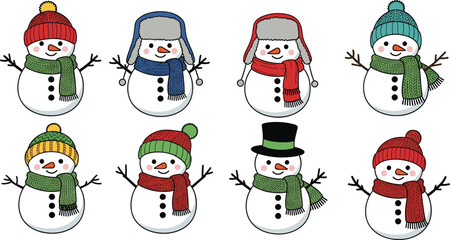 Cute cartoon snowmen with winter hats and scarves, festive holiday illustration, cheerful Christmas characters, seasonal decoration, playful winter design