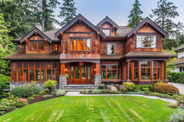 Traditional Luxury Home with Cedar Shingle Siding and Lush Garden Landscape