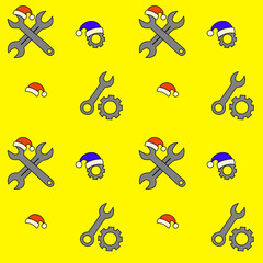 Seamless festive pattern with mechanic tools, gears and Santa hats on yellow background. Modern Christmas auto repair theme for branding and design.