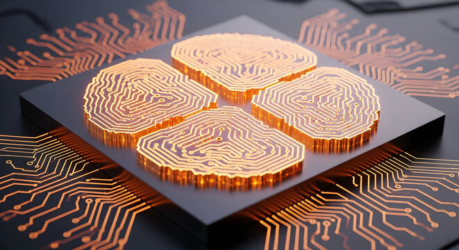 Modern digital fingerprint security concept for cutting-edge technology systems and biometric access with glowing circuit board design and data processing