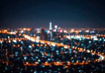 Blurred cityscape at night with bokeh lights, showcasing a vibrant urban landscape with glowing streetlights and distant skyscrapers
