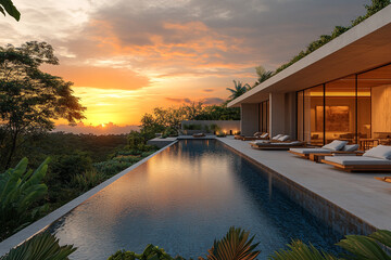 Elegant Modern Villa with Tropical Garden and Sunset Pool View