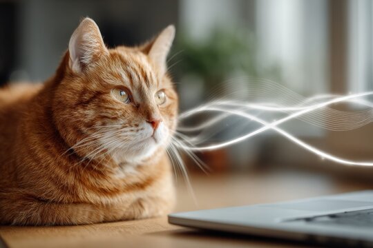 Adorable kitten typing away at laptop with a humanlike pose. Kitten laptop. 5g technology unlocks new possibilities in remote collaboration. Kitten curiosity. 5g and smart homes.