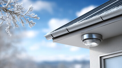 Frost covered roof gutter metal gutter eave outdoor light winter sky snow branch cold morning home exterior modern house blue sky