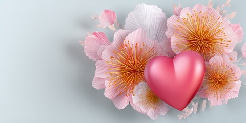 3D pink heart with delicate pastel flowers, elegant love and romantic background, perfect for Valentine’s Day, Mother’s Day, wedding invitations.