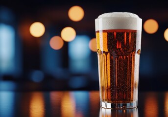 A tall glass of amber beer with a frothy head sits on a reflective surface with blurred warm lights in the background