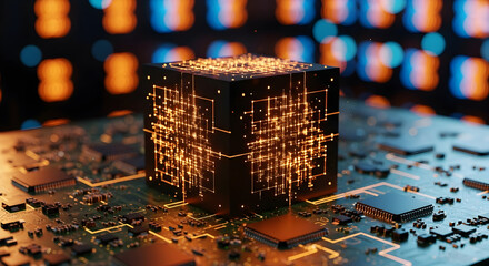 Dynamic abstract cube with glowing circuit board patterns ignites innovation on advanced technology background