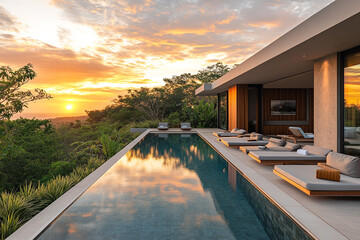 Captivating view of a tropical pool villa's exterior at sunset, showcasing a beautifully landscaped garden with a large swimming pool.