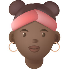 A Close Up Portrait Of A Young Woman With Dark Skin And Dark Hair Pulled Into Buns Wearing A Pink Headband And Hoop Earrings Against A Transparent Background