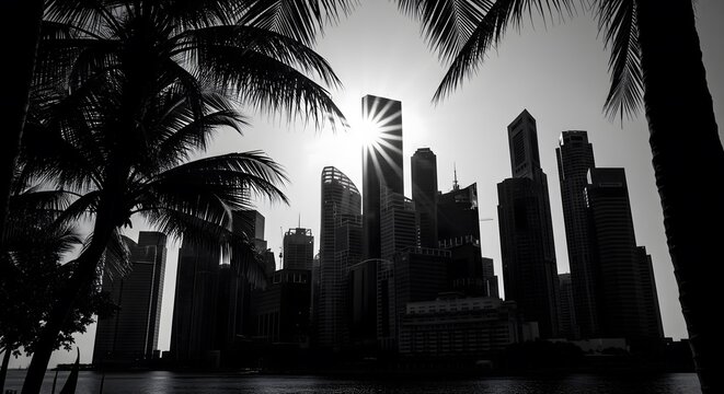 Black and white silhouette of a modern city skyline against a bright sun, framed by palm trees. Urban landscape representing travel, business, and architecture in a tropical city.