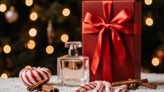 Frasco de perfume junto a caja de regalo navide&ntilde;a, bastones de caramelo y canela