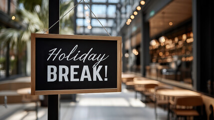 Holiday break signboard hanging in modern cafe interior with blurred tables, chairs and warm lights creating festive relaxed atmosphere