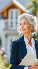 Senior real estate agent outdoors with laptop. Elegant elderly woman in business suit. Blurred property in background. Concept image of business and house marketing.	