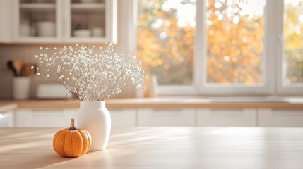 A cozy kitchen scene featuring a vase of delicate flowers and a small pumpkin, bathed in warm autumn light.