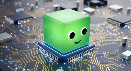 Joyful green cube character beaming atop a complex circuit board, symbolizing innovative technology and digital connection
