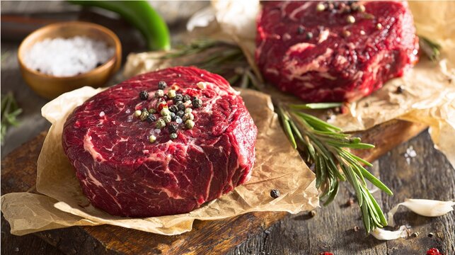 steak. Premium raw beef fillet steak on a wooden cutting board showcasing marbled texture. menu design, packaging mockups, designed for food delivery and cloud-kitchen brand materials.