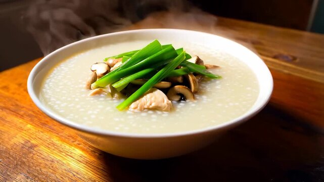 Steaming Bowl of Mushroom and Chicken Congee with Fresh Greens for Comfort Food Themes