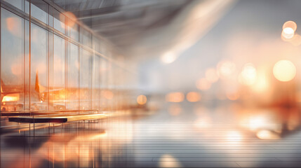 Empty open space at airport. Motion blur, warm tones, abstract defocused background. Concept image of modern business interior and travel.	