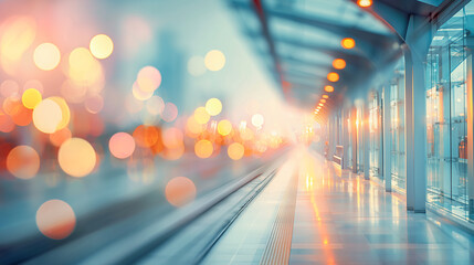 Empty open space at train station. Motion blur, warm tones, abstract defocused background. Concept image of business and travel.	