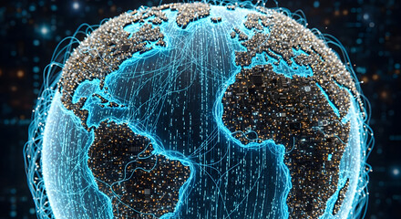 Dynamic digital globe with glowing blue data streams connecting continents, symbolizing global network connectivity and modern technology.
