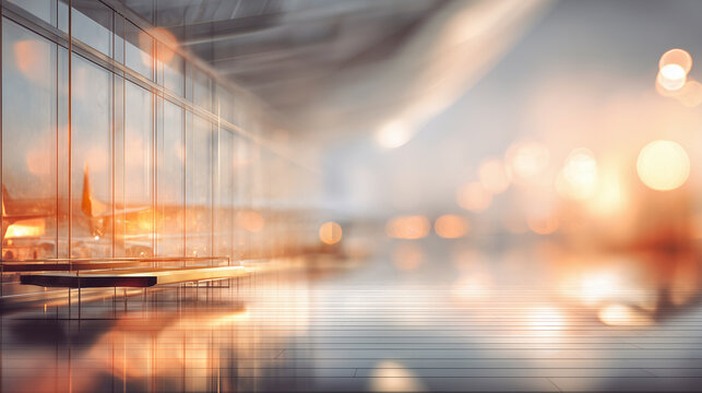 Empty open space at airport. Motion blur, warm tones, abstract defocused background. Concept image of modern business interior and travel.	
