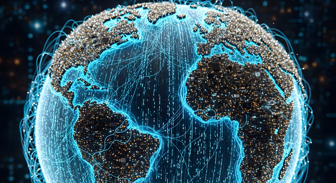 Dynamic digital globe with glowing blue data streams connecting continents, symbolizing global network connectivity and modern technology.