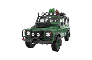 Green Off-Road Adventure: A robust, rugged green off-road vehicle, prepared for any adventure, is depicted against a clean, simple background.