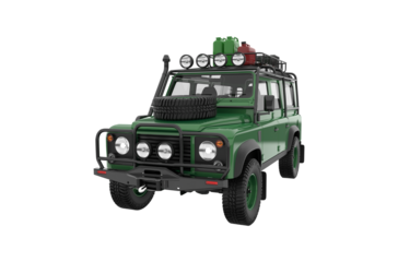 Green Off-Road Adventure: A robust, rugged green off-road vehicle, prepared for any adventure, is depicted against a clean, simple background.