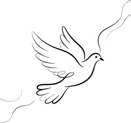 Line art drawing of a dove in flight with flowing lines