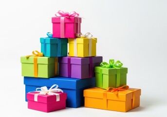 A colorful stack of gift boxes with ribbons and bows, isolated on a white background