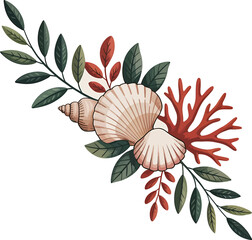 Nautical Arrangement of Seashells Coral and Leaves
