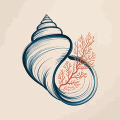 Seashell with Coral Branch Illustration 