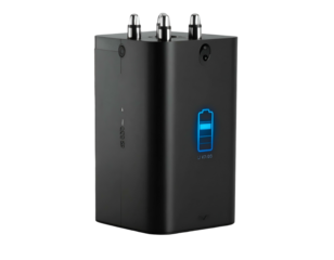 Sleek black power bank with illuminated battery indicator