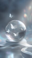 Enchanting Orb with Butterflies: A captivating glass orb encases delicate butterflies, floating within a dreamy, ethereal scene, symbolizing transformation and the beauty of nature.