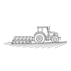 Naklejka premium Tractor plowing field, agriculture machinery, rural landscape, farmland, farming, cultivation process, soil preparation, drawing symbolizing crop production, efficiency, countryside and food industry