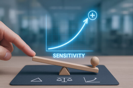 Finance budget forecast 2026 concept with sensitivity balance and growth arrow symbolizing positive financial outlook and strategic planning