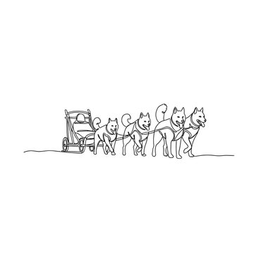 Sled dogs pulling cart, dog team, mushing, adventure, teamwork, winter transportation, northern culture, athletic dogs, minimal one line drawing, outdoor activity, Arctic, strength, travel, tradition