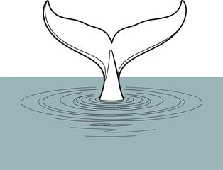 Whale Tail Diving into Water Line Art vector illustration